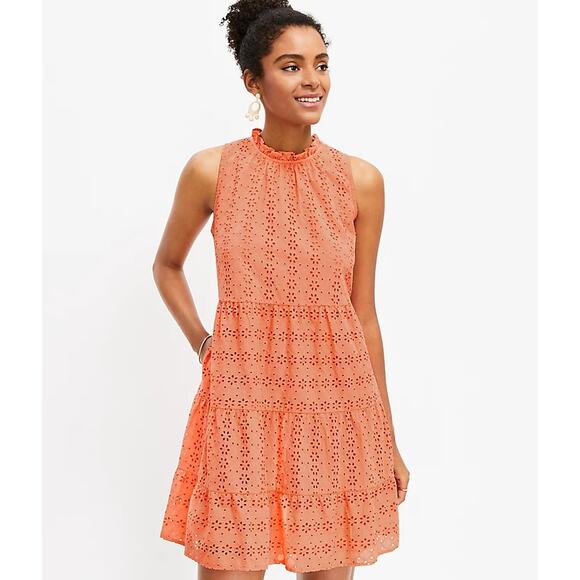LOFT Dresses & Skirts - Loft Eyelet Tiered Swing Mini Dress Creamy Peach Pink Size Small